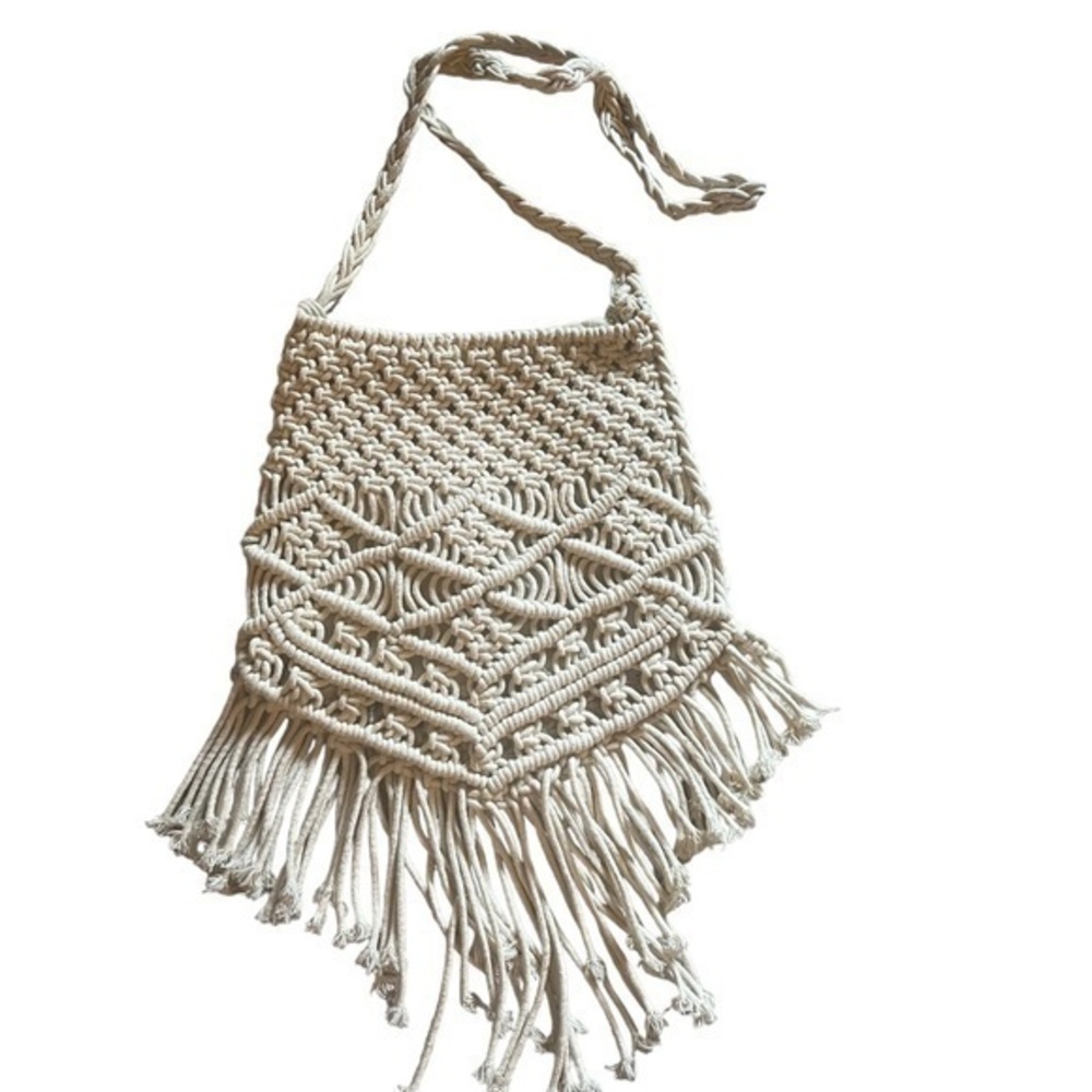 Macramé Fringed Crossbody Purse / Shoulder Bag, Ivory